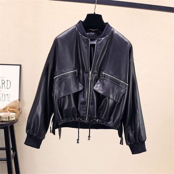 

new autumn 2020 korean pu leather jacket with short front and long back, Black