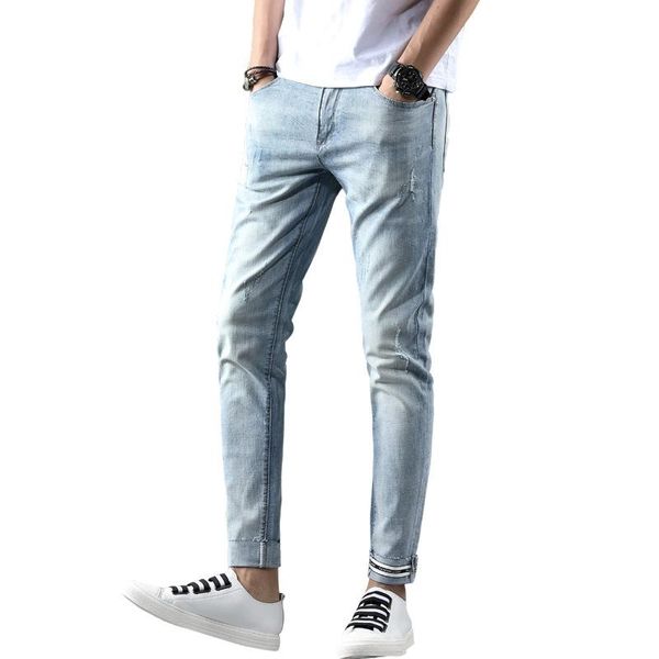 

mens fashion slim straight feet full length jeans mid waist long blue denimtrousers ripped high stretch classic jeans 11479