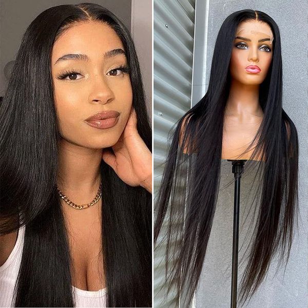 

lx brand glueless wigs remy straight lace front wigs middle part heat resistant fiber hair silk straight wigs for women factory direct, Black