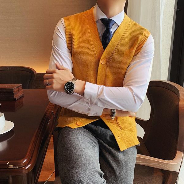 

autumn solid color sweater cardigan vest men pilling-resistant sleeveless knitted vest yellow yersey hombre sleeveless jacket1, Black;white