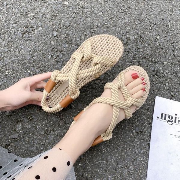 

2021 fashion flat shoes woman summer handmade straw sandals women footwear linen woven rope sandals beach slippers women, Black