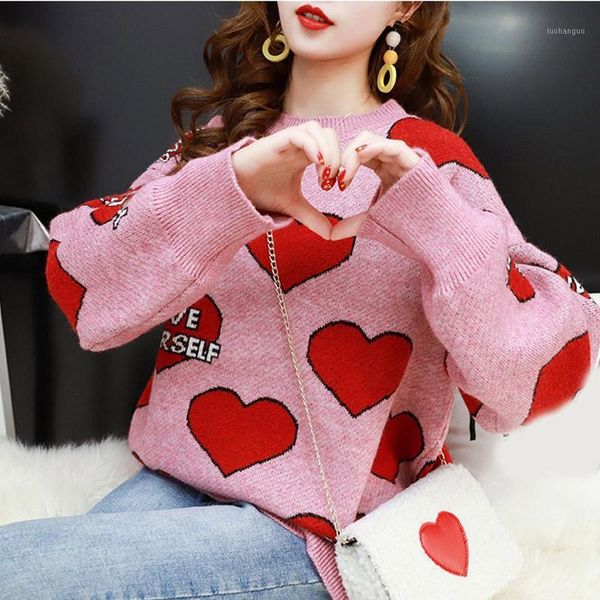 

sweet heart pattern letter women's sweater pink autumn winter o neck long sleeve loose female pullover casual ladies pull, White;black