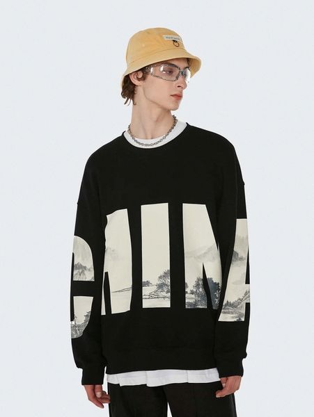 

men letter & graphic print drop shoulder sweatshirt i1bh#, Black