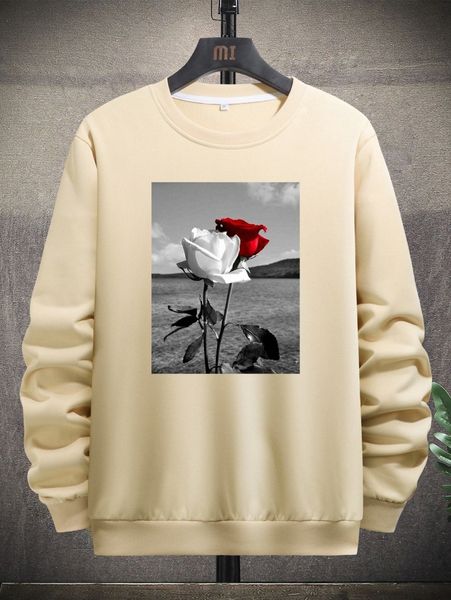

men rose print sweatshirt v033#, Black