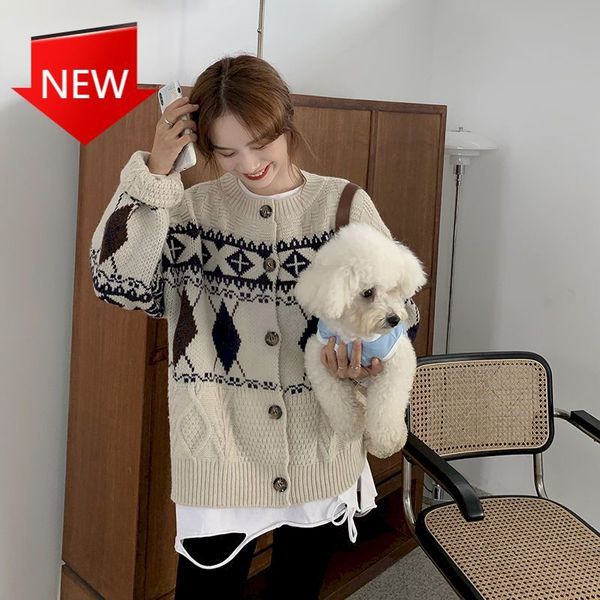 

single-breasted cardigan round neck long-sleeved sweater autumn and winter 2020 new retro jacquard knitted loose large size h1211, White;black