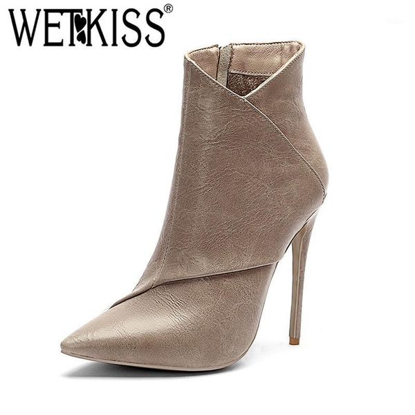 

wetkiss thin high heels women ankle boots pointed toe zip footwear party female boot pu print fashion shoes woman 2020 spring1, Black