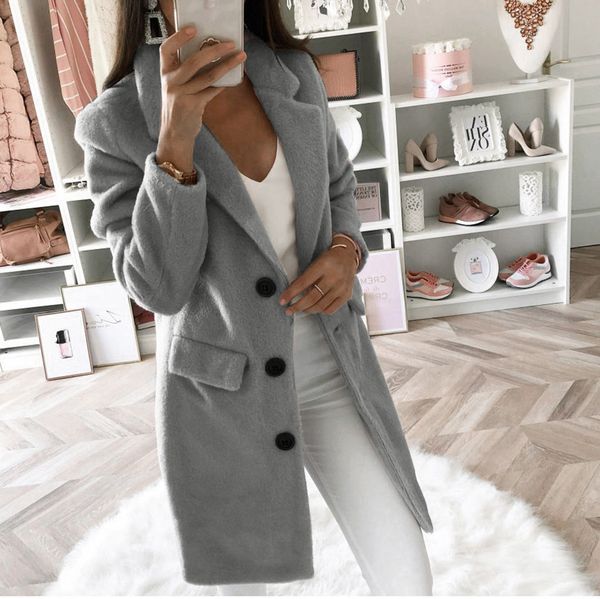 

women wool outwear winter woollen coat long sleeve turn-down collar blends jacket elegant lady overcoats plus size #3 lj201106, Black