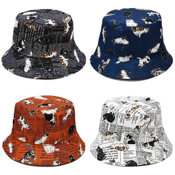 

cat print bucket hat fisherman summer beach panama caps, Blue;gray