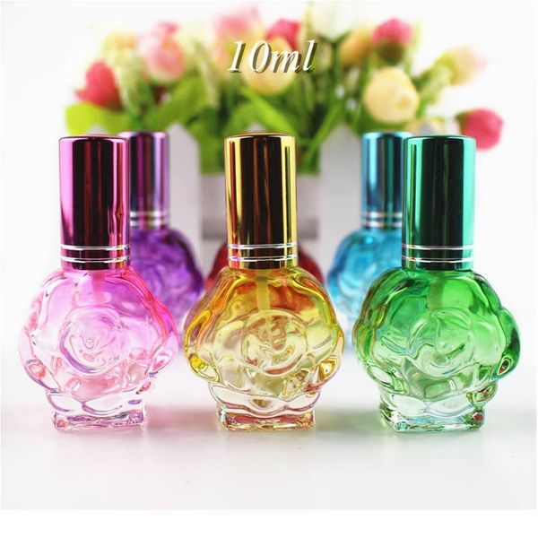 

20pcs 10ml colorful rose shaped glass perfume bottle refillable sample portable empty atomizer mini travel parfum spray qylnby