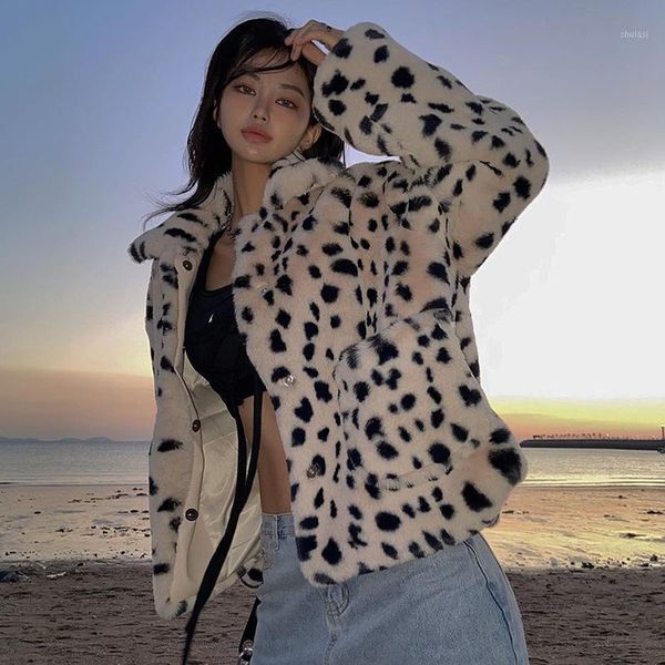 

e girl leopard print y2k goth jacket coat women winter thick warm faux fur overcoat turn down collar outerwear vintage coats1, Black