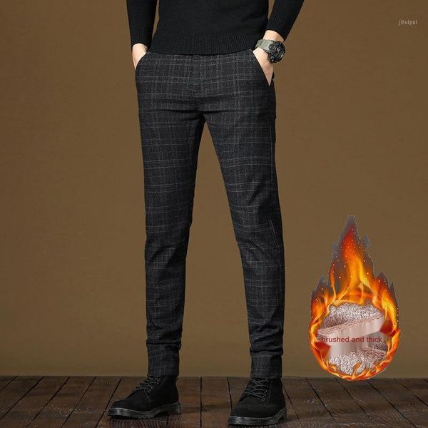 

2020 winter new men's warm casual pants business fashion fleece thick plaid trousers office stretch pants male brand1, Black