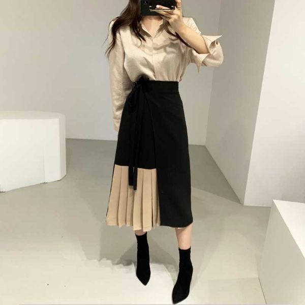 

women's tracksuits jsxdhk korean spring 2 piece set women fashion puff sleeve loose shirts + color contrast patchwork lace up pleated s, Gray