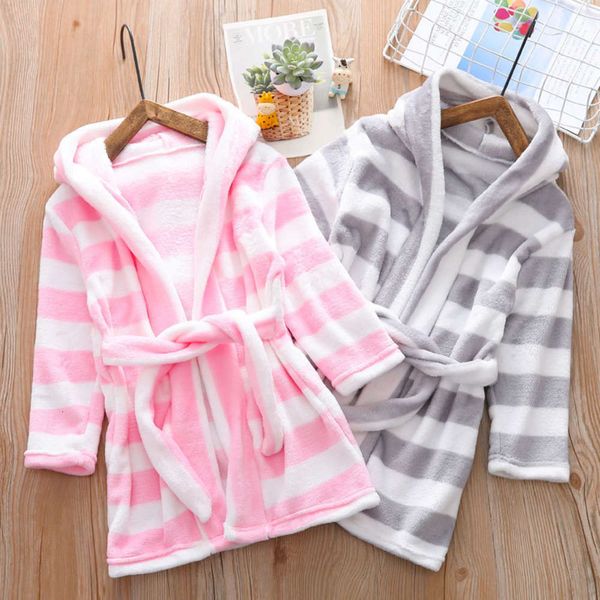 

boys' girls' nightgown stripe new children's bathrobe thickened autumn and winter baby flannel housewear, Blue;red