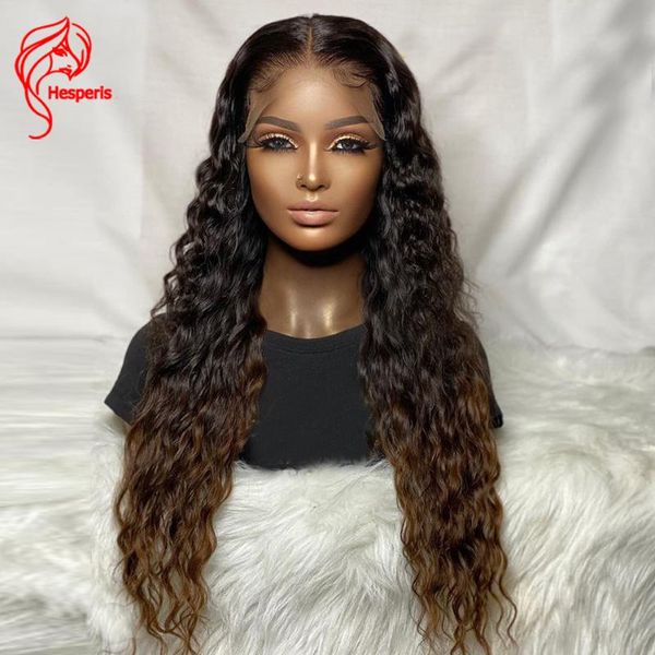 

hesperisr 13x4 lace front human hair wig ombre color deep part brazilian remy water wave human hair wigs preplucked bleached, Black;brown