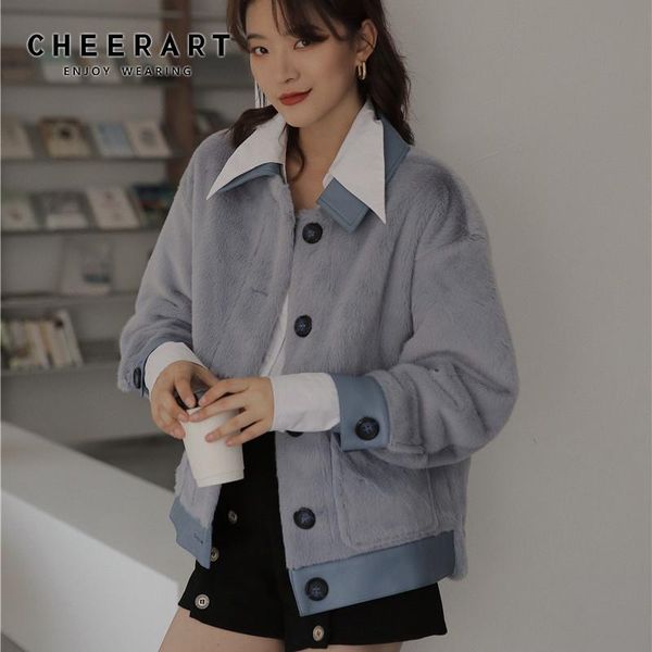 

women's fur & faux cheerart grey coat women 2021 winter fashion fluffy jacket patchwork blue korean designer clothes, Black