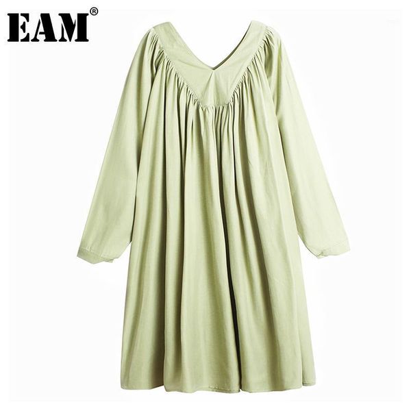 

eam] women green pleated split joint big size dress new v-neck long sleeve loose fit fashion tide spring autumn 2020 1da1391, Black;gray