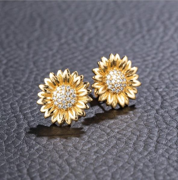 

retro simple copper inlaid zircon sunflower earrings hip hop popular earrings men women rapper jewelry gift, Golden