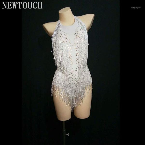 

white sparkly rhinestones tassel leotard nightclub dance dsdj show stage wear stretch bodysuit party female singer outfit1, Black;red