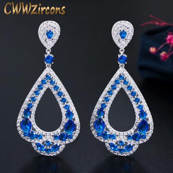 

dangle & chandelier cwwzircons elegant cz bridal party jewelry luxury long drop cubic zirconia big royal blue wedding earrings for brides cz, Silver