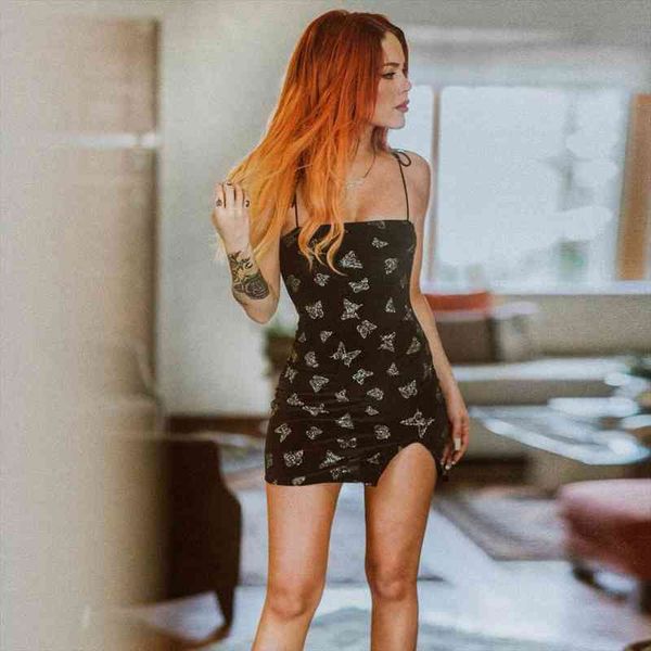 

butterflies printing dress ladies girls sleeveless strap spaghetti dress summer casual split party clubwear, Black;gray