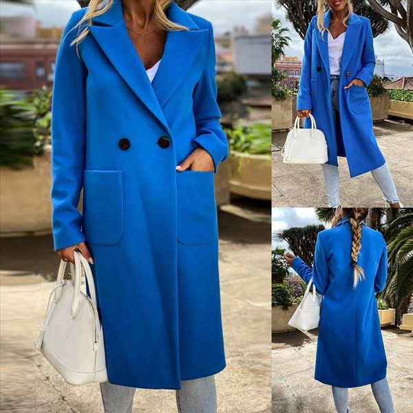 

women autumn winter lapel collar buttons pockets long coat warm jacket overcoat woolen jacket coat women winter outerwear, Tan;black