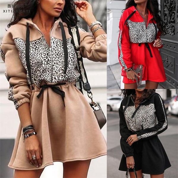 Donne sexy stampa leopardo elastico in vita felpa con cappuccio vestito dalla signora autunno inverno moda mini abito caldo cerniera vestito da partito D30 201029