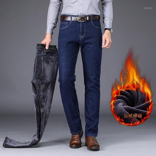 

men's jeans winter men's warm slim fit business fashion thicken denim trousers fleece stretch brand pants black blue 20211
