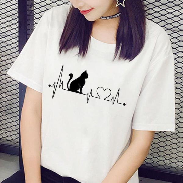 

new women white t-shirts casual harajuku animal heartbeat printing tshirt summer female short sleeve t shirt for clothing
