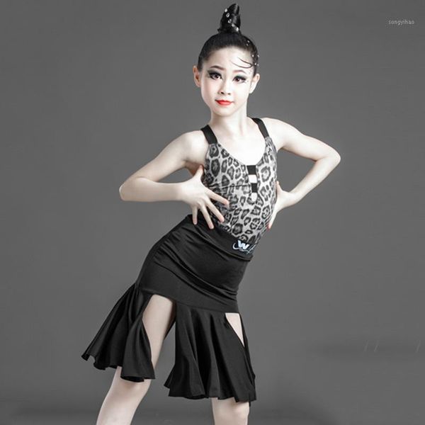 

latin dance dress girls fashion leopard print leotard split skirt tango rumba cha cha samba dancing practice costumes dn60081, Black;red