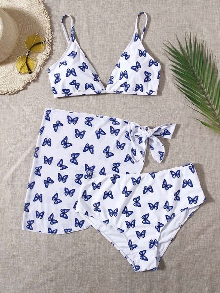 

3pack plus butterfly print bikini swimsuit & beach skirt i74b#, Black