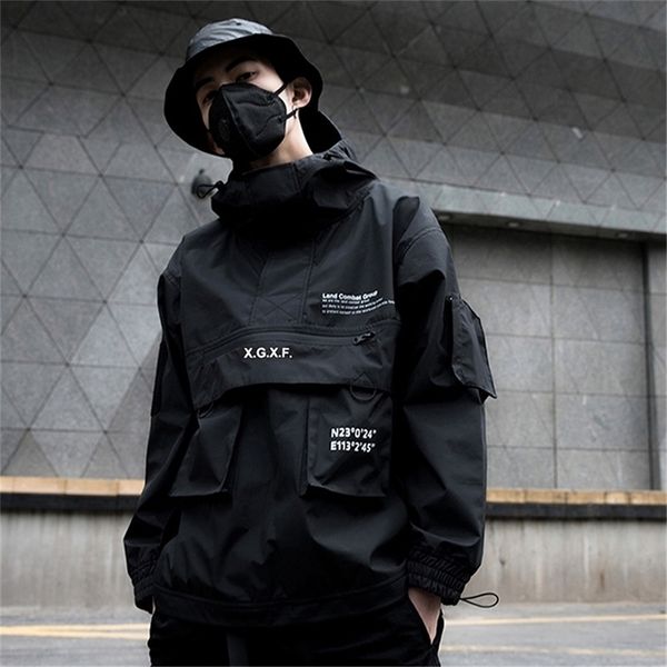 New Black Cargo Jackets Windbreaker Homens Streetwear jaqueta tática pulôver multi-bolso masculino outono casaco de hoody 201218