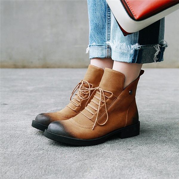 

ymechic 2021 lady retro cross tied ankle combat boots for women green black chunky heel winter shoes plus size 34-45