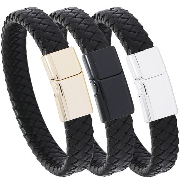 

charm bracelets black pu leather briaded crafts bracelet jewelry fashion magnet connector alloy material gift men women, Golden;silver