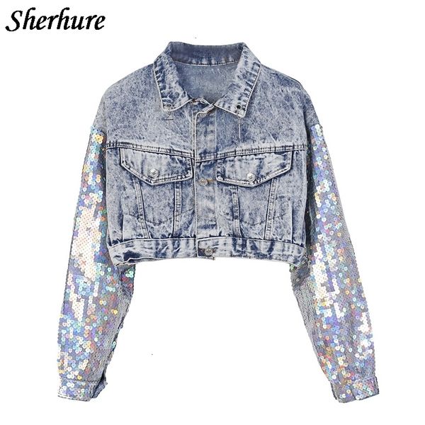 

2021 fashion design punk style women spring jacket coat sequins sleeve women denim long jacket coat crop abrigos mujer v191209, Black;brown
