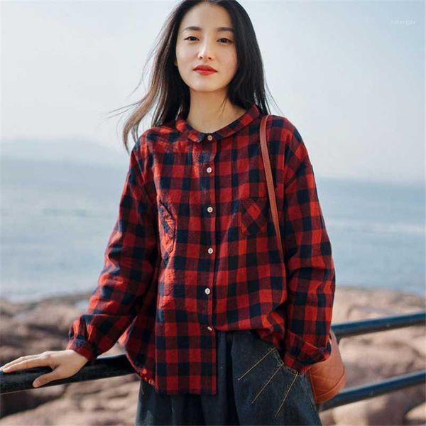 

female 2020 autumn new plaid shirt women literature and art all-match loose long-sleeved shirt women blouse m301, White