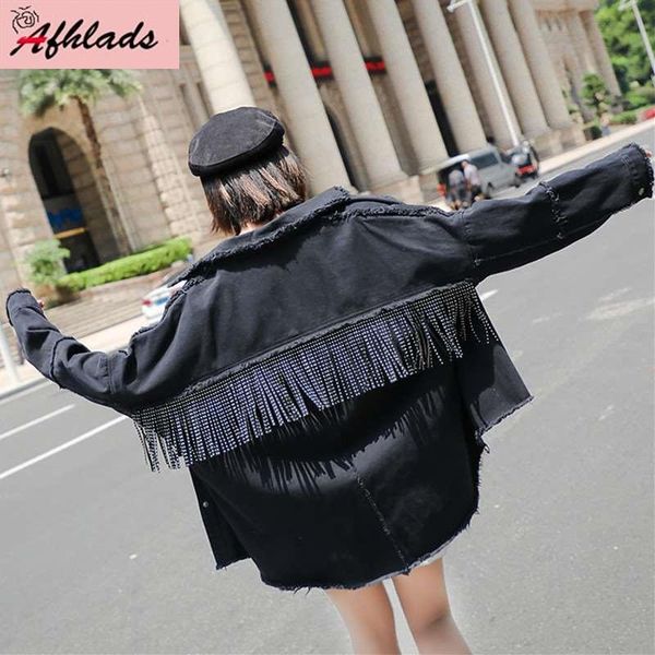 

кисточка джинсовая куртка женская свободная весенняя и осень старинные мода однобортное повседневная джинсовая женская куртка верхняя одежда, Black;brown