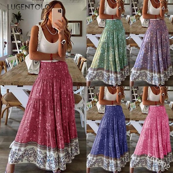 

lugentolo women skirt new floral print big swing casual elastic high waist female fashion long skirts plus size 5xl1, Black