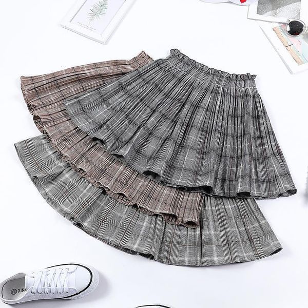 

2020 womens new elastic waist pleated skirt high waist wrinkled skirt tartan skirt womens summer harajuku midi, Black