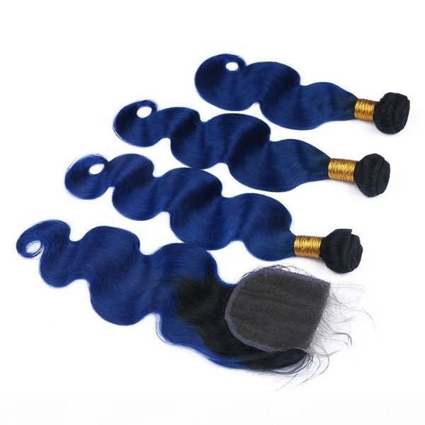 

#1b blue ombre peruvian human hair 3bundles with 4x4 lace closure body wave ombre dark blue human hair weft weaves with closure, Black