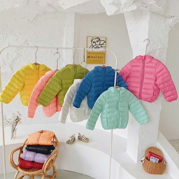 

winter fashion candy color light down jackets for boys and girls zipper hooded packable all-match down coats 201102, Blue;gray