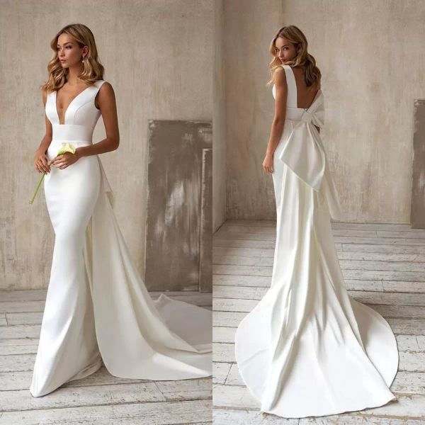 Abiti da sposa a sirena con scollo a V in raso elegante Abiti da sposa con strascico staccabile con fiocco sul retro 2022 Abito da sposa arabo su misura CG001