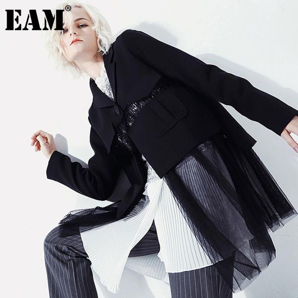 

eam] women black irregular spliced mesh blazer new lapel long sleeve loose fit jacket fashion tide spring autumn 2020 1dd23631, White;black