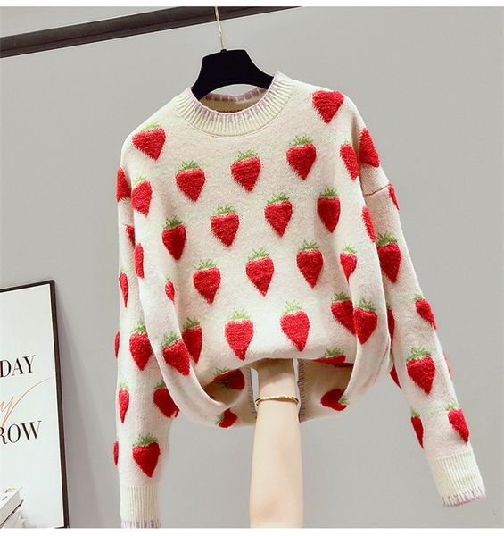 

women designers clothes 2020 women sweaters winter pullover cashmere blend fashion strawberry print sweaters 2 colors streetwear sweater, White;black