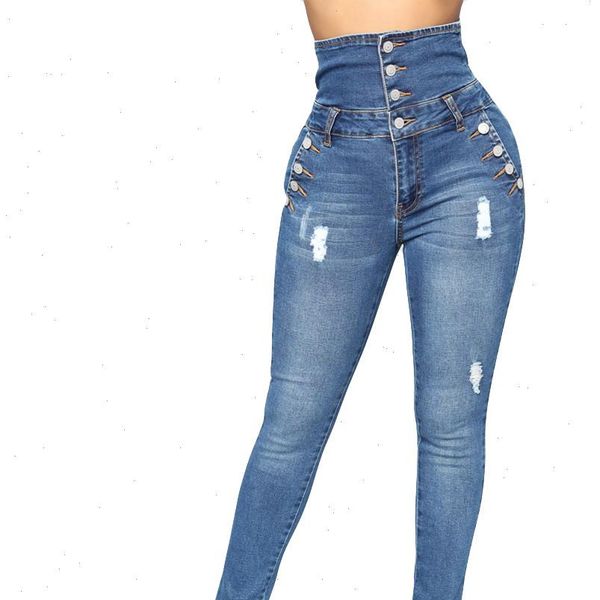 

womens jeans wear high waist multi buckle high elastic 2020 new autumn winter straight cylinder slim trousers mujer, Blue