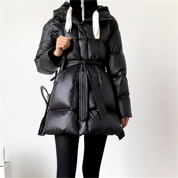 

2020 black female new winter white goose down glossy hooded waist slim jacket fashion casual outerwear women c1204