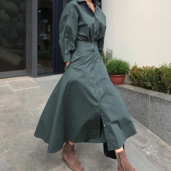 

ewq] 2021 summer lapel single breasted slim waist puff sleeve shirt dress korean style fashion trend casual ladies dark green dresses, Black;gray