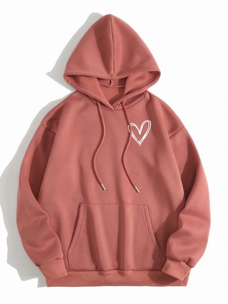 

heart print thermal lined drawstring hoodie a3ns#, White;black