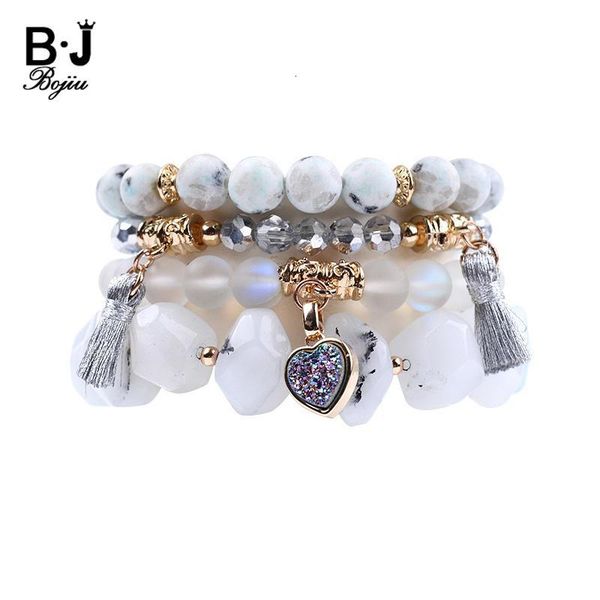 

bojiu 4 pcs/set natural druzy heart bracelet for women crystal natural stone bracelet femme beaded charm bracelets set bcset100, Golden;silver