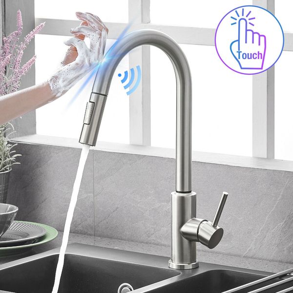 

automatic touch sensor kitchen faucet with pull down sprayer stainless steel