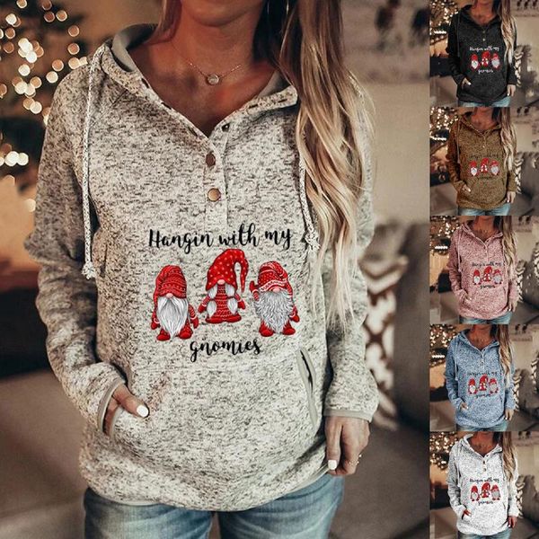 

women's hoodies & sweatshirts women buttons collar christmas hooded sweatshirt pullover pockets drawstring vintage blouse blusas, Black